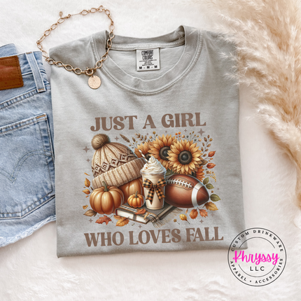 Granite colored tee featuring a pumpkin, latte, and football fall collage.