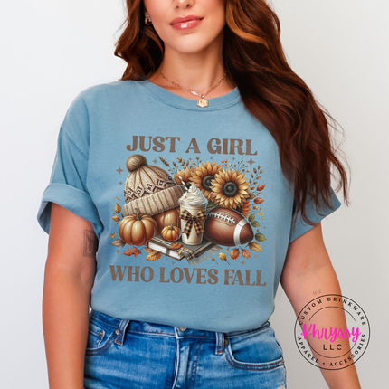 Ice Blue tee with the Just a girl who loves fall football graphic