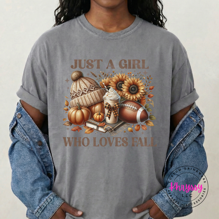 Grey tee with a hand-illustrated fall icon collage across the chest.