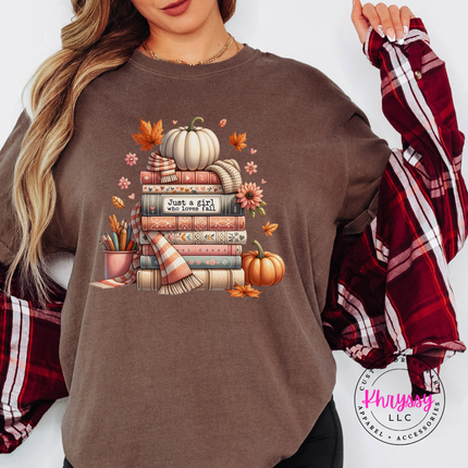 Espresso tee with the girl who loves fall book stack graphic