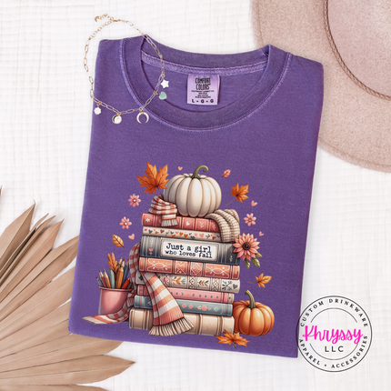 Grape tee with the cozy fall books and pumpkin design