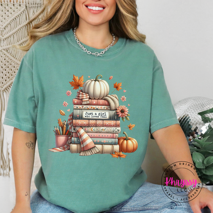 Light Green tee with the fall reading books and scarf graphic