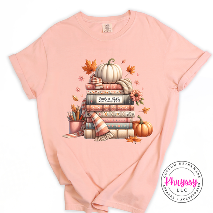 Peachy graphic tee featuring a cozy bookish fall illustration.