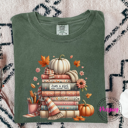Moss tee with the girl who loves fall book stack graphic
