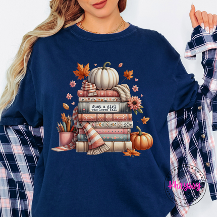 True Navy tee with the cozy fall books and pumpkin design