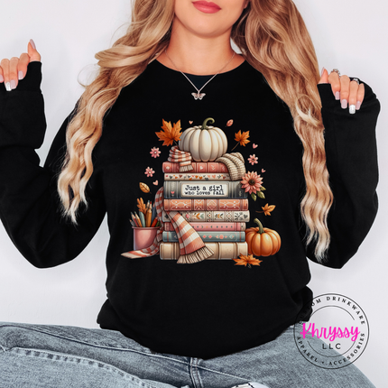 Black long sleeve tee with the cozy fall books and pumpkin design
