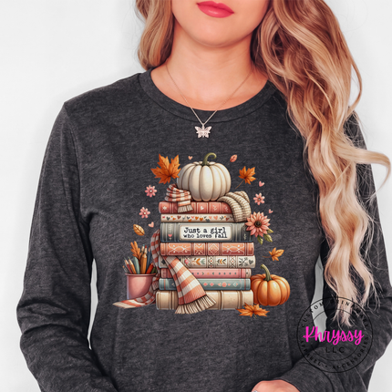 Dark Gray Heather long sleeve tee with the autumn book lover pumpkin stack print