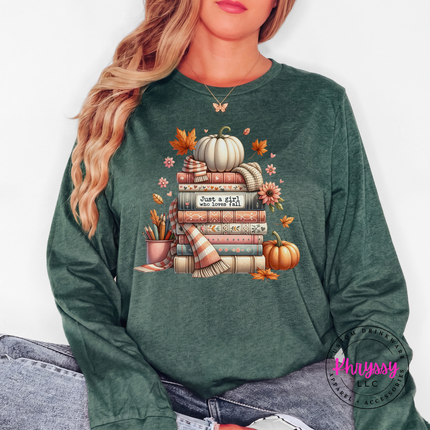 Heather Forest long sleeve tee with the fall reading books and scarf graphic