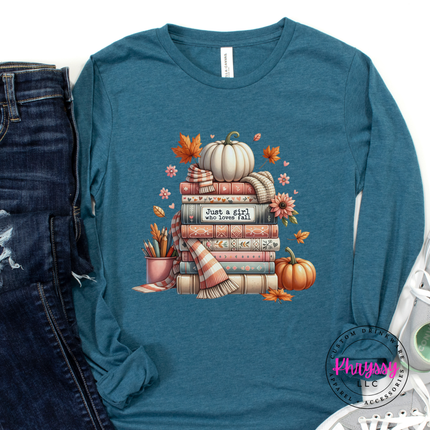 Heather Deep Teal long sleeve tee with the girl who loves fall book stack graphic
