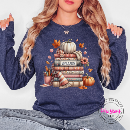 Heather Navy long sleeve tee with the cozy fall books and pumpkin design