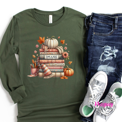 Military Green long sleeve tee with the fall reading books and scarf graphic