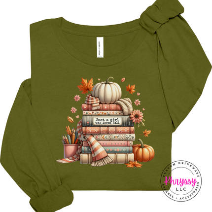 ✗	Olive long sleeve tee with the girl who loves fall book stack graphic