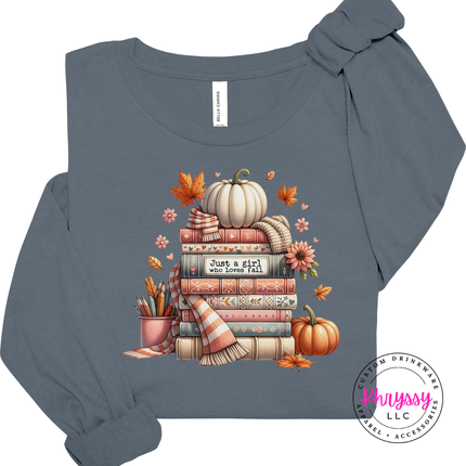 Steel Blue long sleeve tee with the cozy fall books and pumpkin design