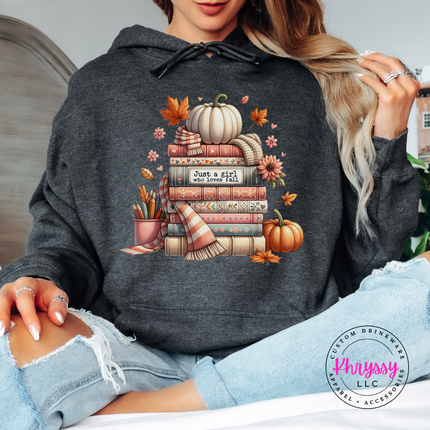 Dark Heather hoodie with the autumn book lover pumpkin stack print