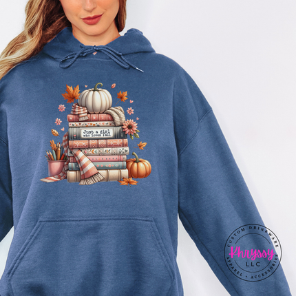 Indigo Blue hoodie with the girl who loves fall book stack graphic