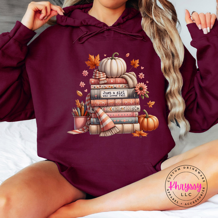 Maroon hoodie with the cozy fall books and pumpkin design