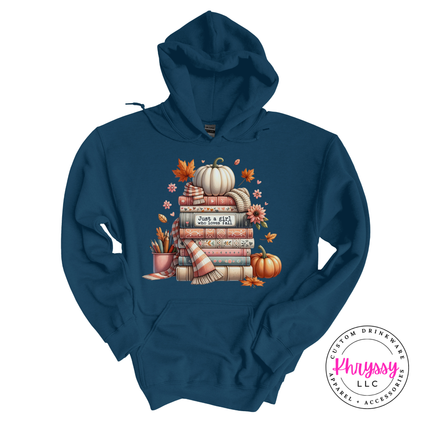 Legion blue hoodie featuring an illustrated stack of books and pumpkin.
