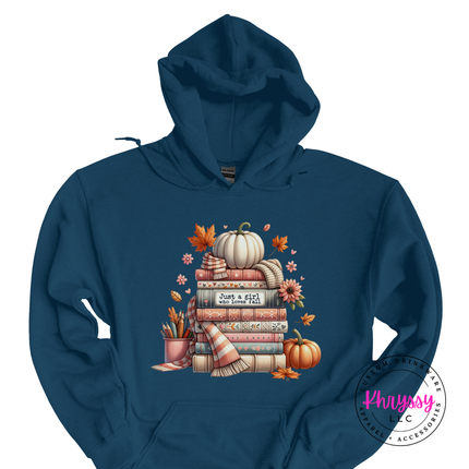 Legion blue hoodie with the girl who loves fall book stack graphic