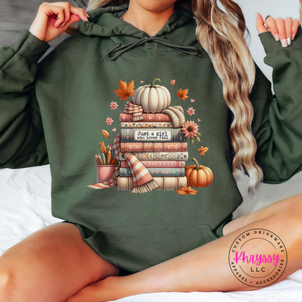 Military Green hoodie with the autumn book lover pumpkin stack print