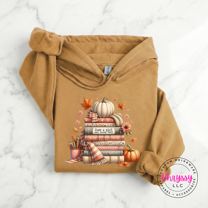 Old gold hoodie featuring a cozy stack of books graphic print.