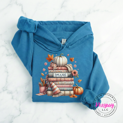 Sapphire hoodie with the cozy fall books and pumpkin design