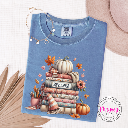 Blue Jean tee with the cozy fall books and pumpkin design