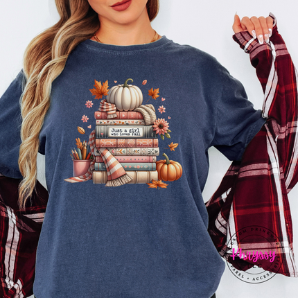 Denim tee with the fall reading books and scarf graphic