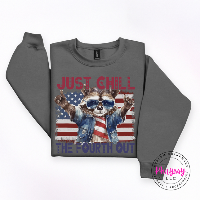 Charcoal crewneck with funny patriotic raccoon Just Chill design