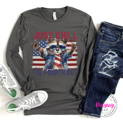 Asphalt long sleeve tee featuring a trash panda Fourth of July graphic
