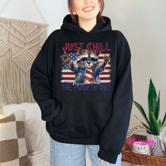 Black hoodie with funny patriotic raccoon Just Chill design