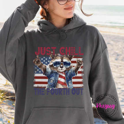 Charcoal hoodie featuring a trash panda Fourth of July graphic