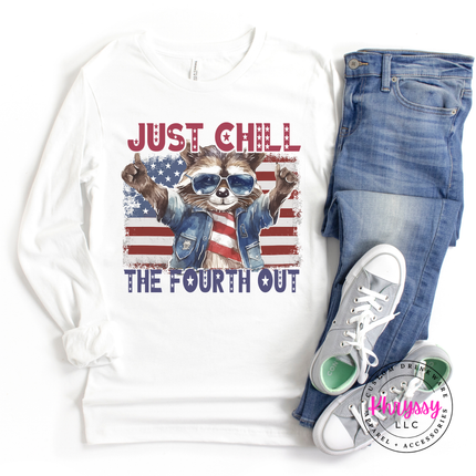 White long sleeve tee with bold patriotic raccoon print