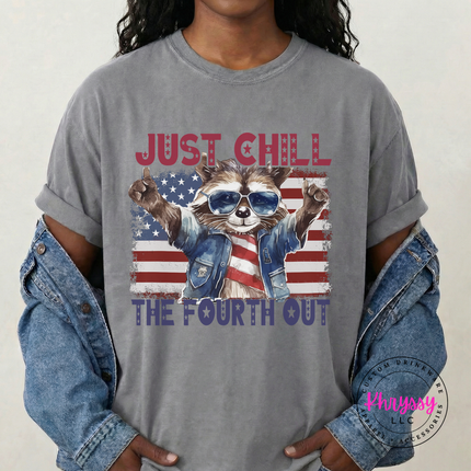 Grey tee with bold patriotic raccoon humor print