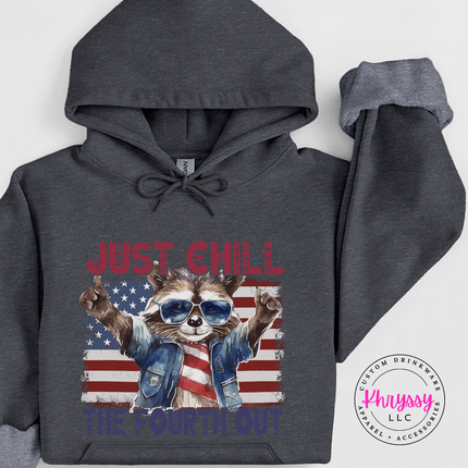 Graphite Heather hoodie with bold patriotic raccoon humor print