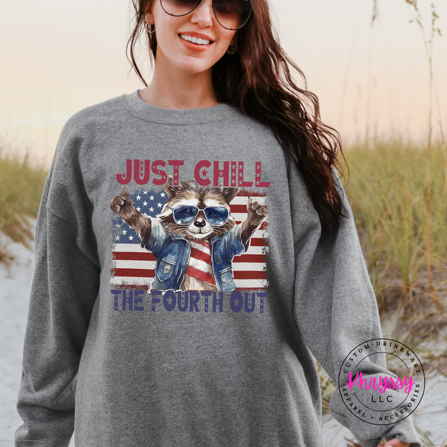 Graphite Heather crewneck with bold patriotic raccoon humor print