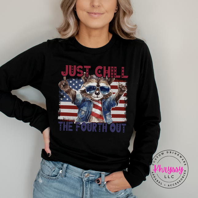 Black long sleeve tee with funny patriotic raccoon design