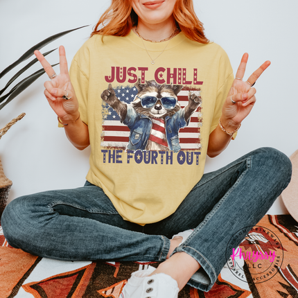 mustard yellow tee with funny rock-on raccoon July saying