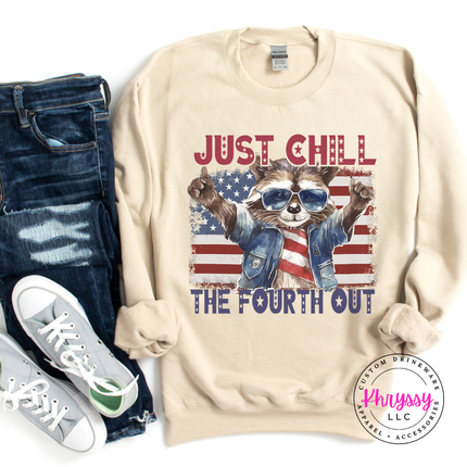Sand crewneck with funny rock-on raccoon July saying