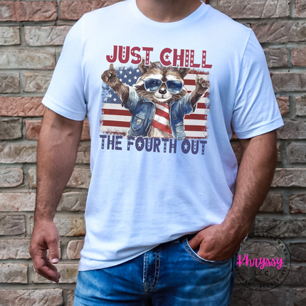 white tee with red white and blue raccoon graphic