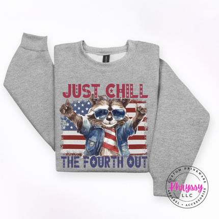 Sport grey crewneck sweatshirt with red white and blue raccoon graphic