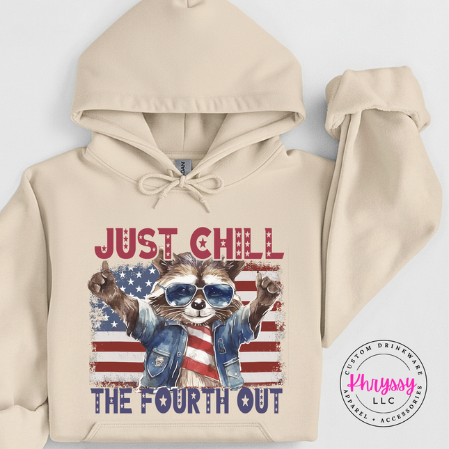 Sand pullover hoodie with red white and blue raccoon graphic