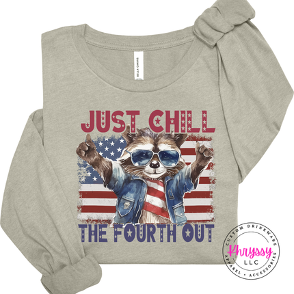 Heather stone long sleeve tee with red white and blue raccoon design