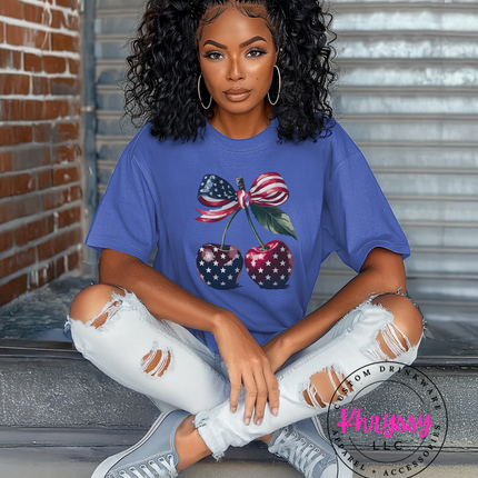 Patriotic Cherry T-Shirt – American Flag Star & Stripe Design