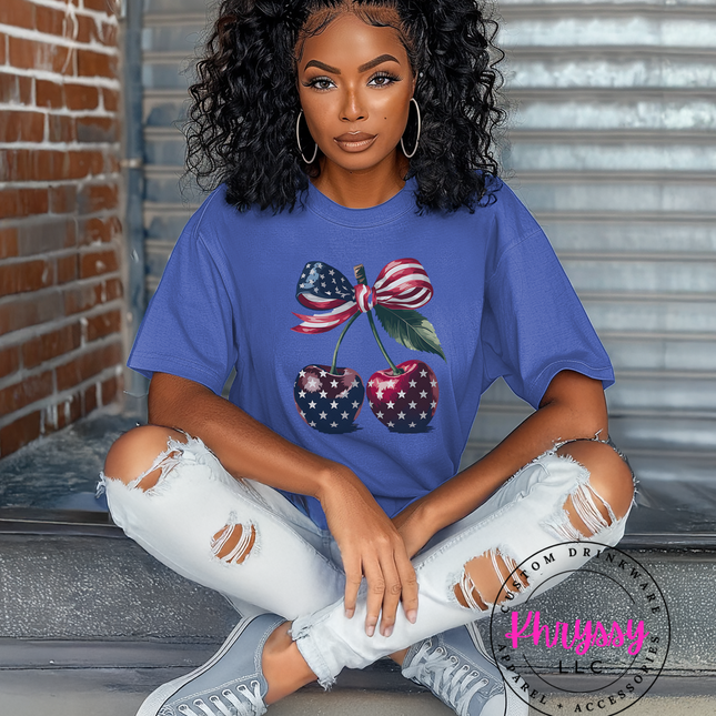 Patriotic Cherry T-Shirt – American Flag Star & Stripe Design