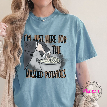 Ice Blue tee with the funny mashed potatoes Thanksgiving design