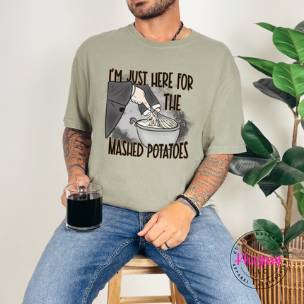 Khaki tee with the Thanksgiving mashed potatoes quote graphic