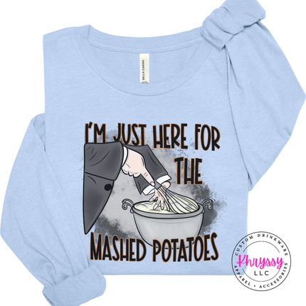 Baby Blue long sleeve tee with the funny mashed potatoes Thanksgiving design