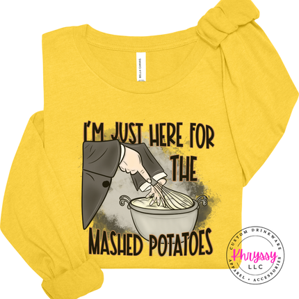 Heather Yellow Gold long sleeve tee with the mashed potatoes whisk holiday dinner print