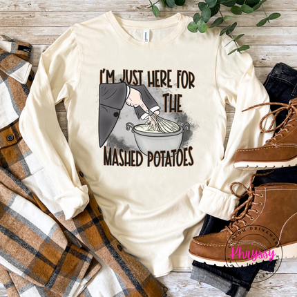 Natural long sleeve tee with the Thanksgiving mashed potatoes quote graphic