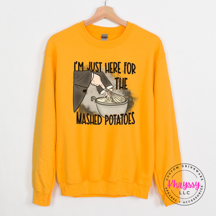 Gold crewneck sweatshirt with the funny mashed potatoes Thanksgiving design
